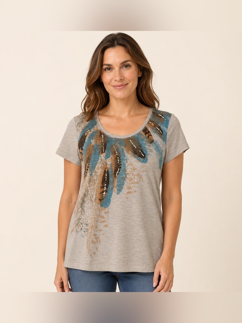 NWT Sonoma Life + Style Women’s M 100% Cotton Feather Sequin Graphic T-Shirt